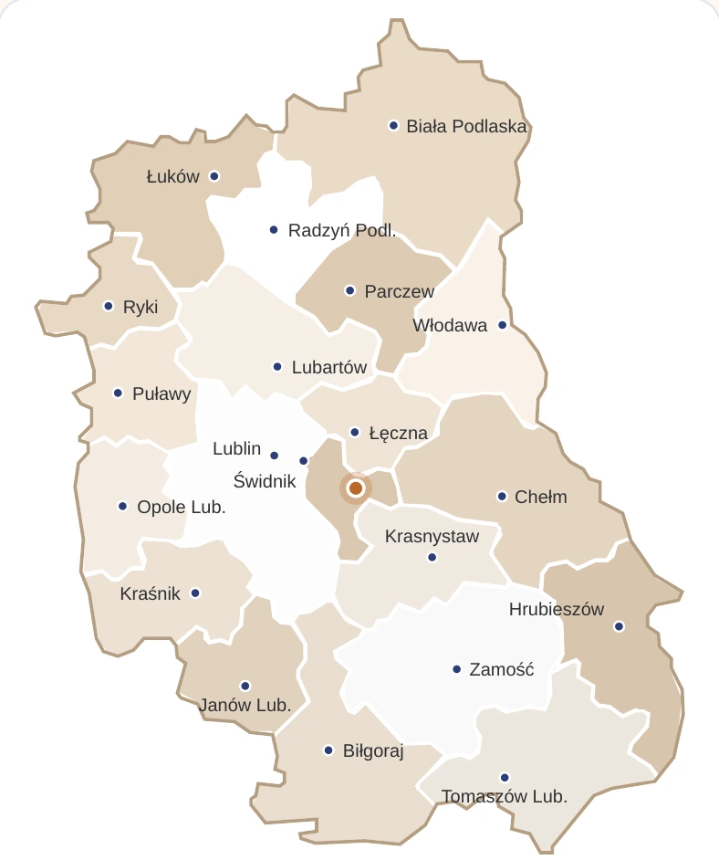 Mapa województwa lubelskiego z podziałem na powiaty, miastami powiatowymi i lokalizacją hurtowni A. Motyl w Bystrzejowicach Pierwszych